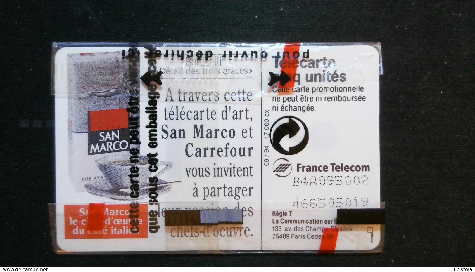 ► Café SAN MARCO   Oeuvre BOTTICELLI  - Télécarte Neuve Sous Blister    5U  -   17 000 Ex - France Telecom - Pintura