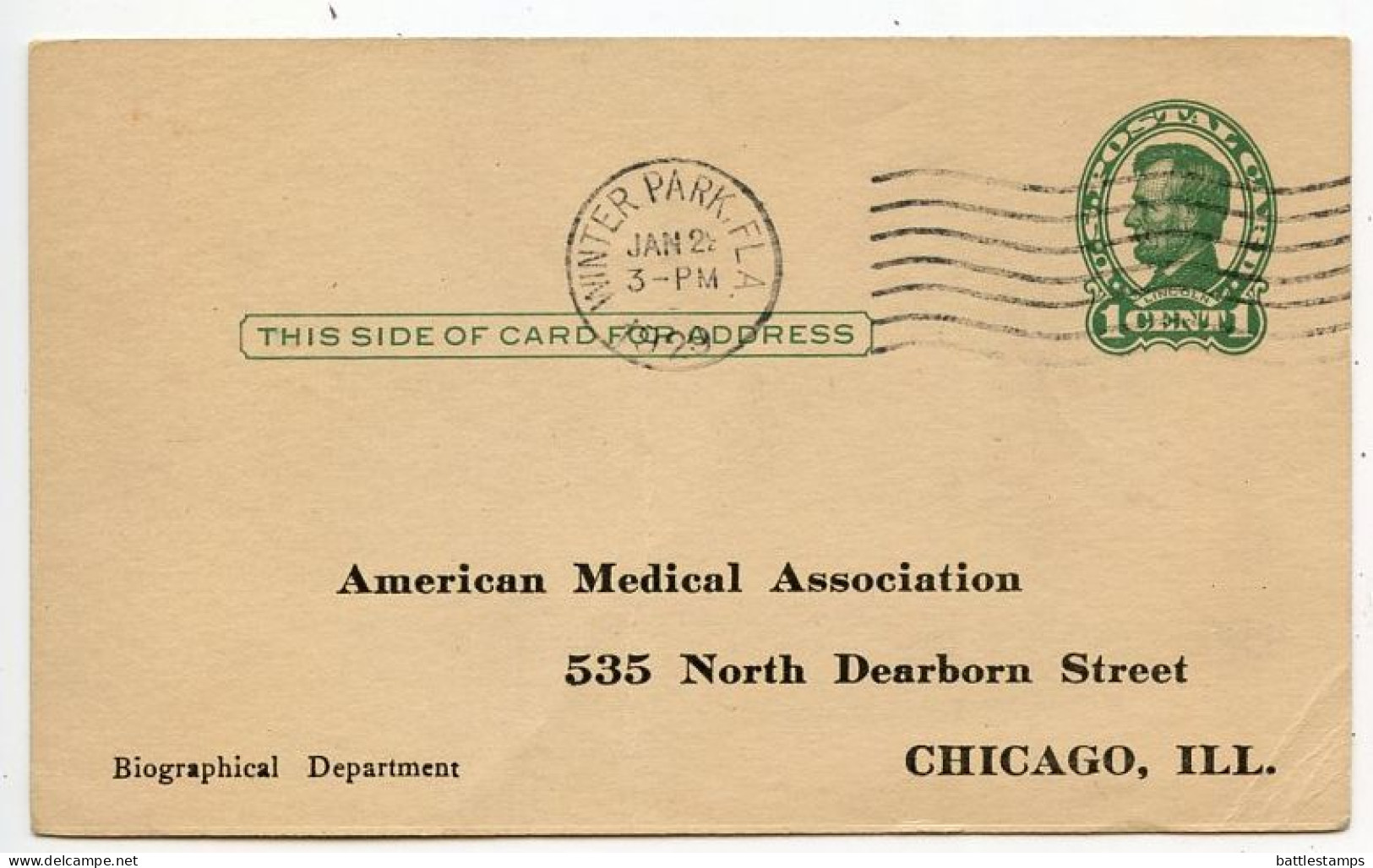 United States 1929 Scott UX28 1c. Lincoln Postal Card; Winter Park, Florida To Chicago, Illinois - American Medical Asn. - 1921-40