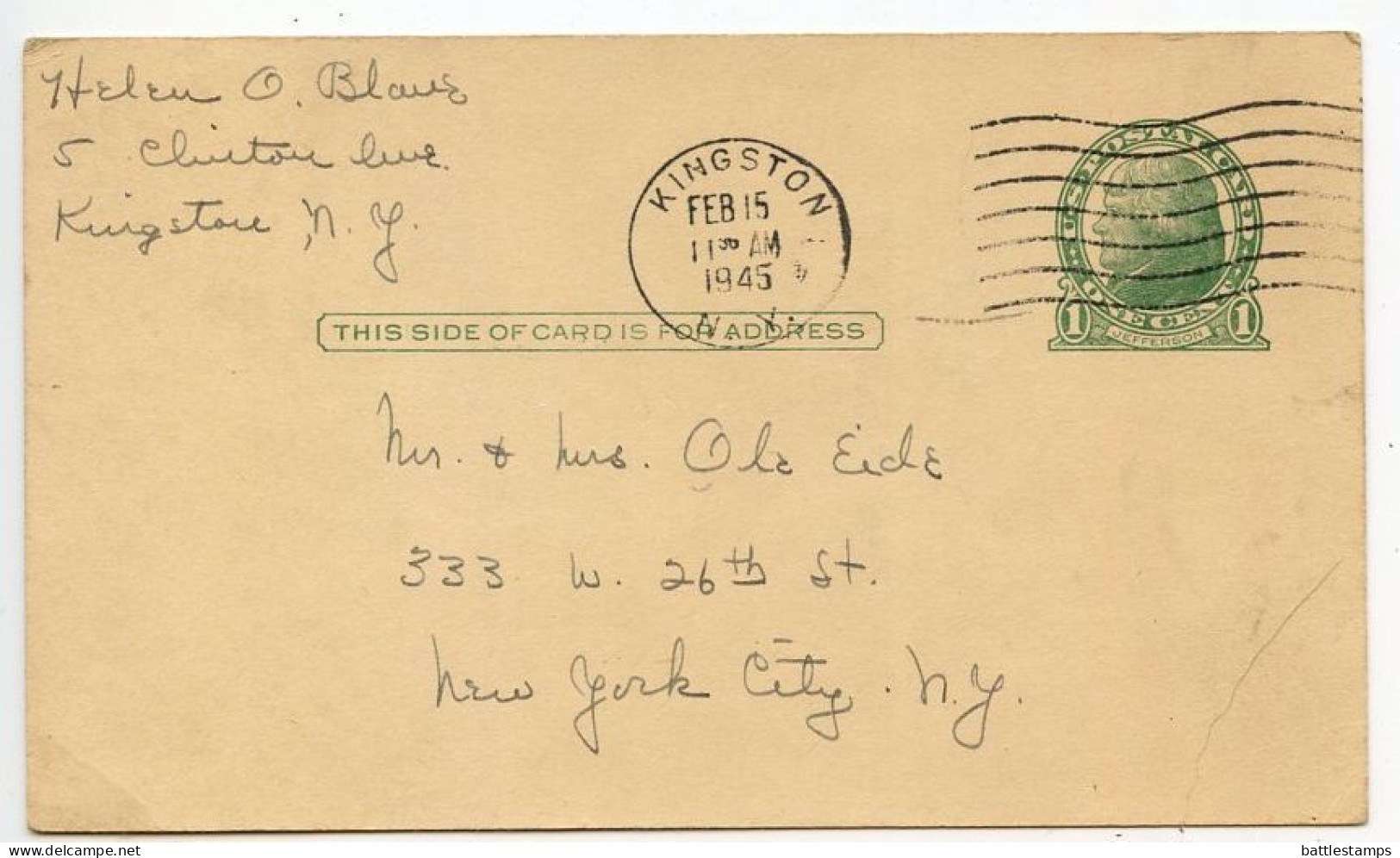 United States 1945 Scott UX27 1c. Jefferson Postal Card; Kingston, NY To New York City - 1941-60