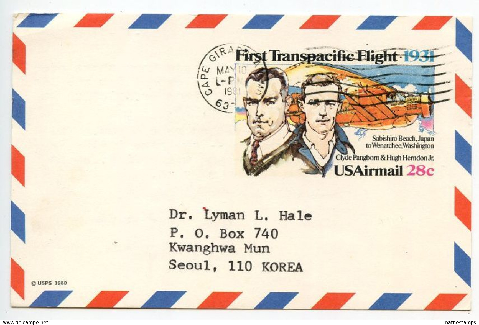 United States 1981 Scott UXC19 28c. First Transpacific Flight Air Postal Card; Cape Girardeau, Missouri To Seoul, Korea - 1981-00