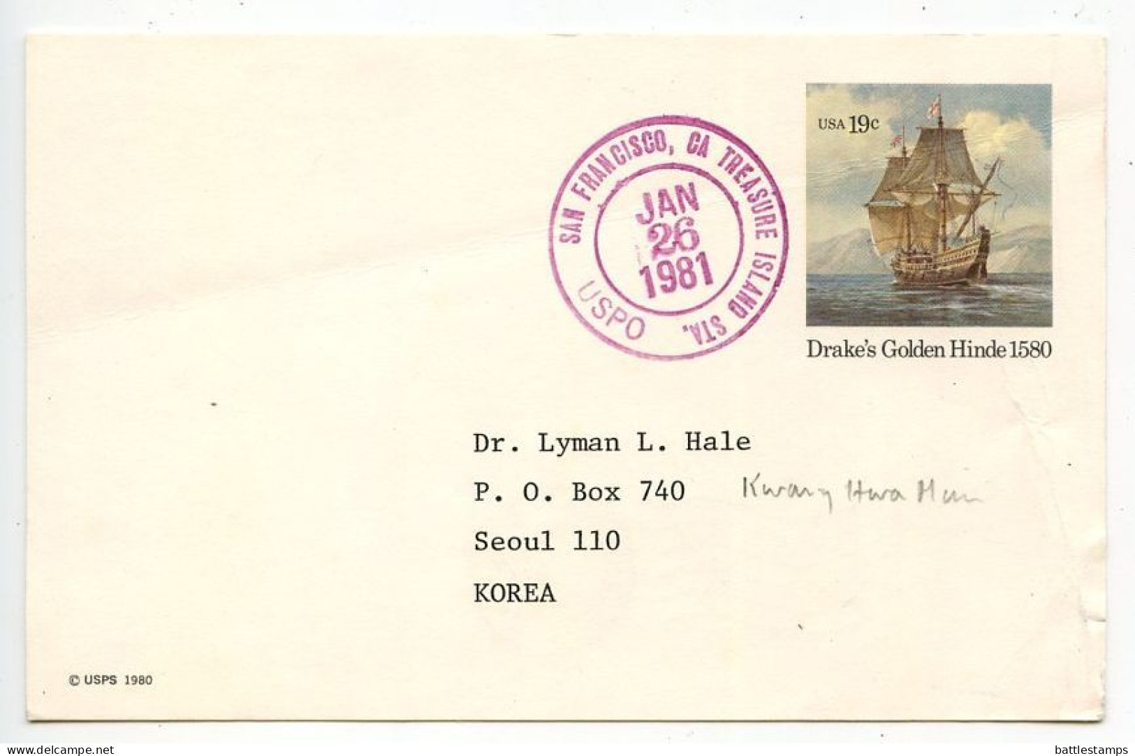 United States 1981 Scott UX86 19c. Drake's Golden Hinde Postal Card; San Francisco, California To Seoul, Korea - 1981-00