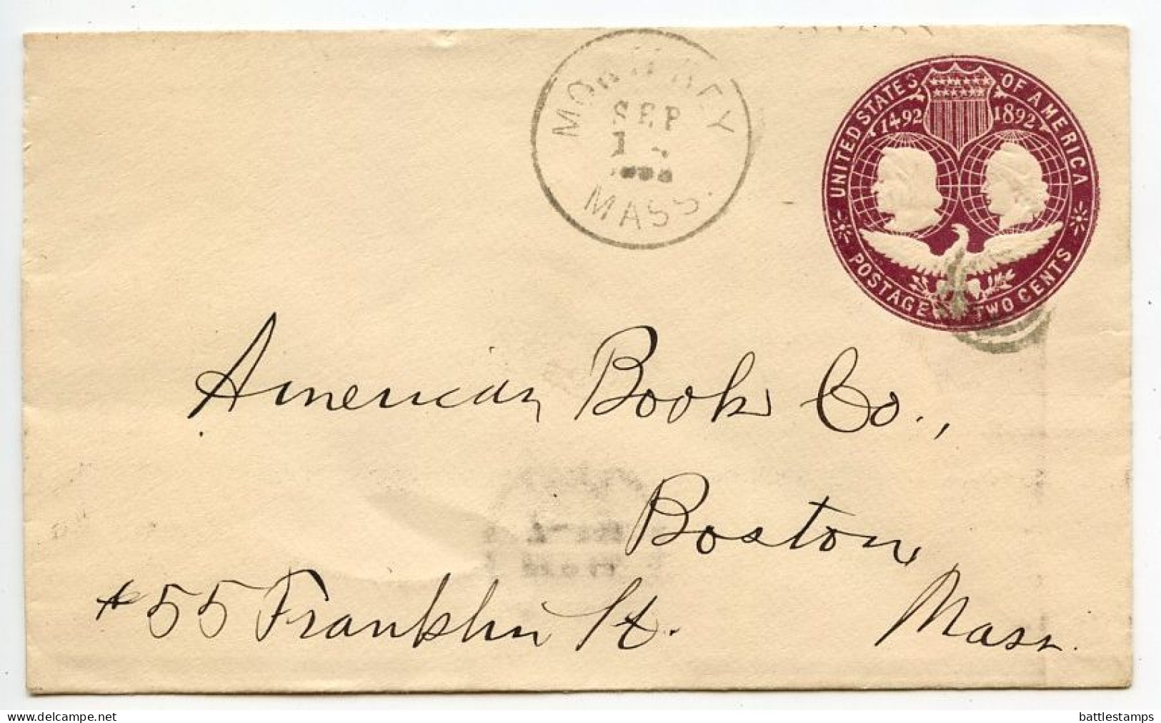 United States 1893 Scott U349 2c. Columbus & Liberty Postal Envelope; Monterey MA To Boston MA - ...-1900