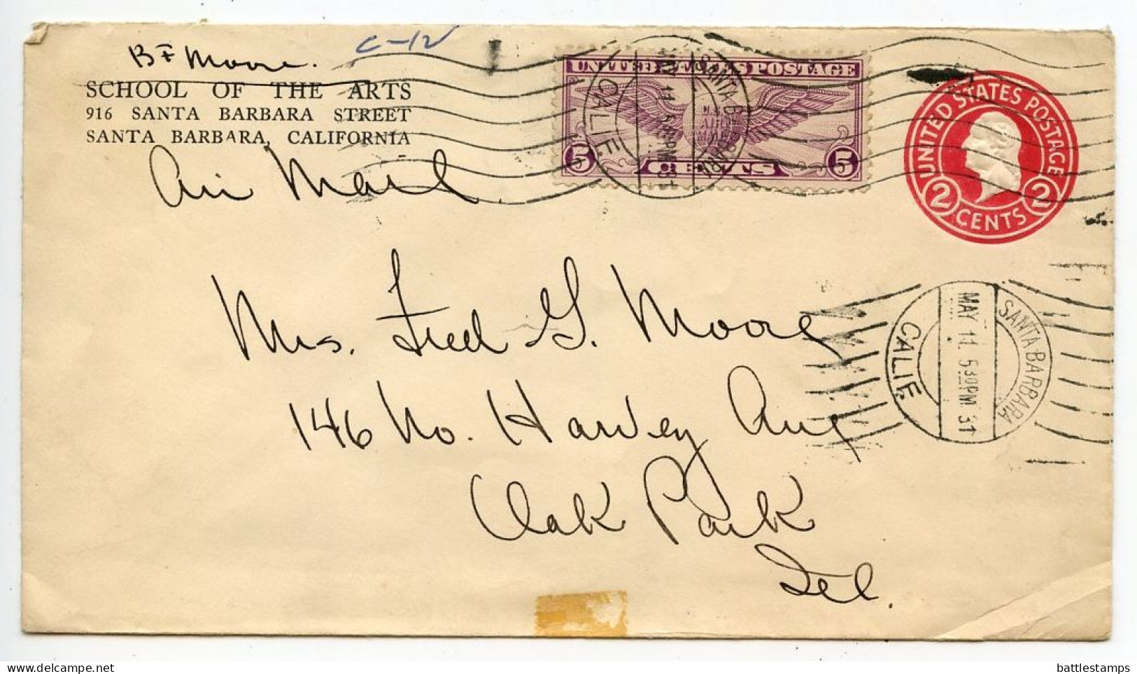 United States 1931 Scott U429 2c. Washington Postal Envelope W/ Scott C12; Santa Barbara CA To Oak Park IL - 1921-40