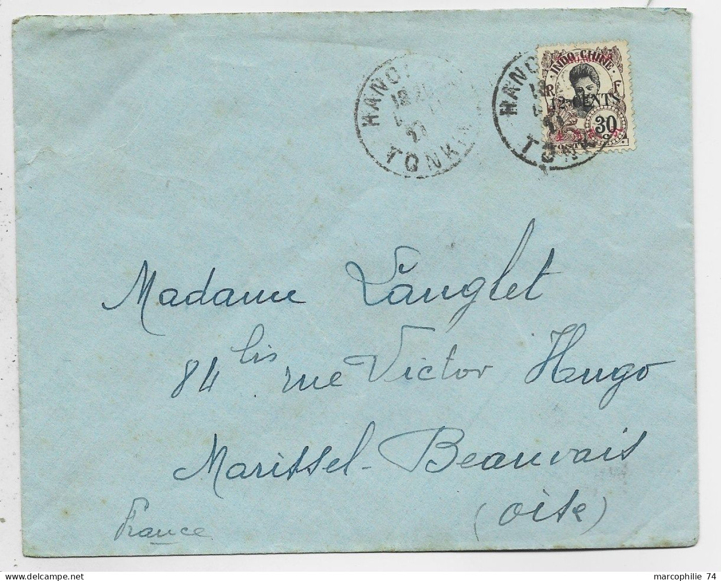 INDOCHINE TCH'ONG KING 12C SOLO LETTRE COVER HANOI 1927 TONKIN TO FRANCE - Cartas & Documentos