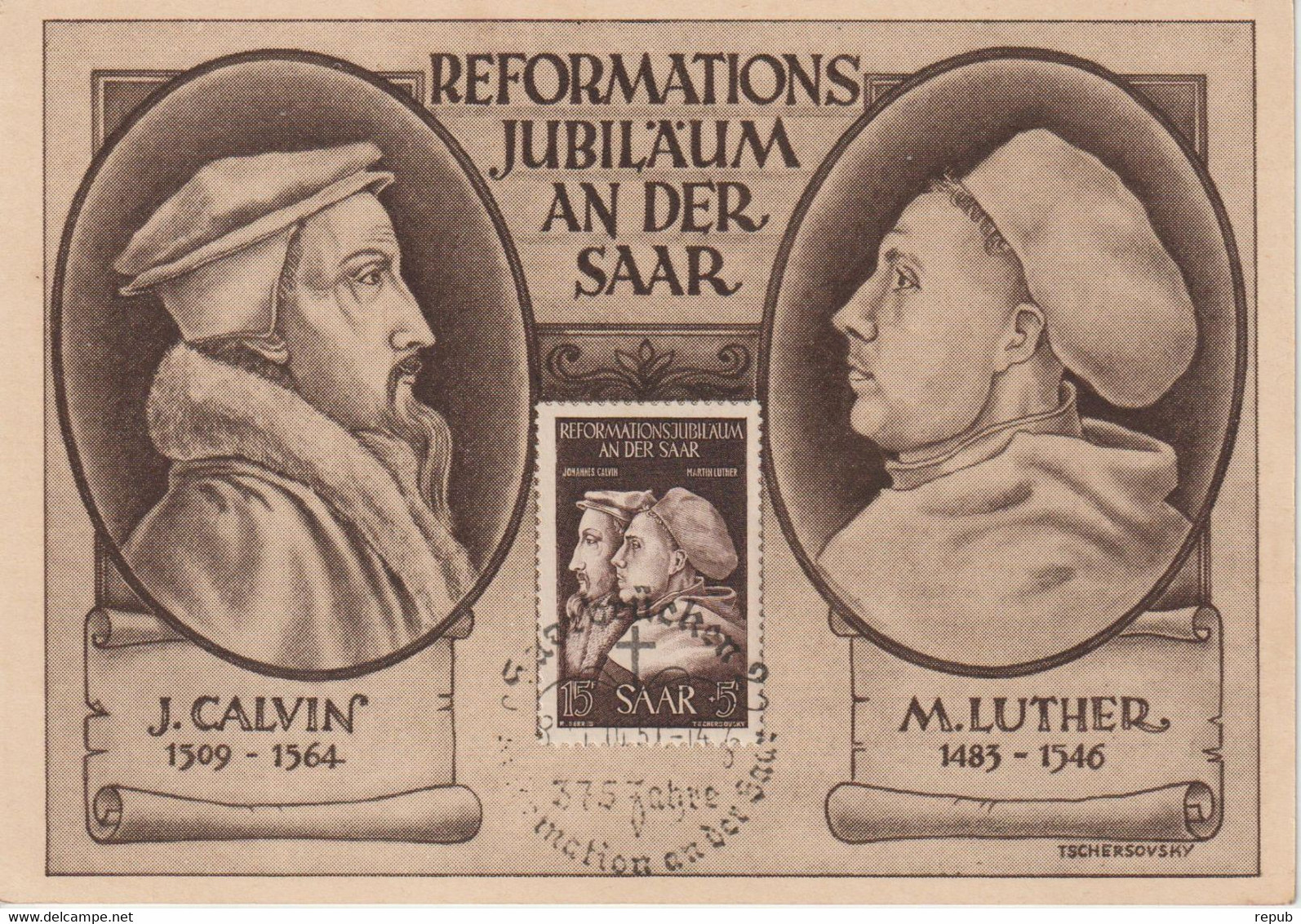 Sarre Carte Maximum 1951 Calvin Et Luther 295 - Cartoline Maximum