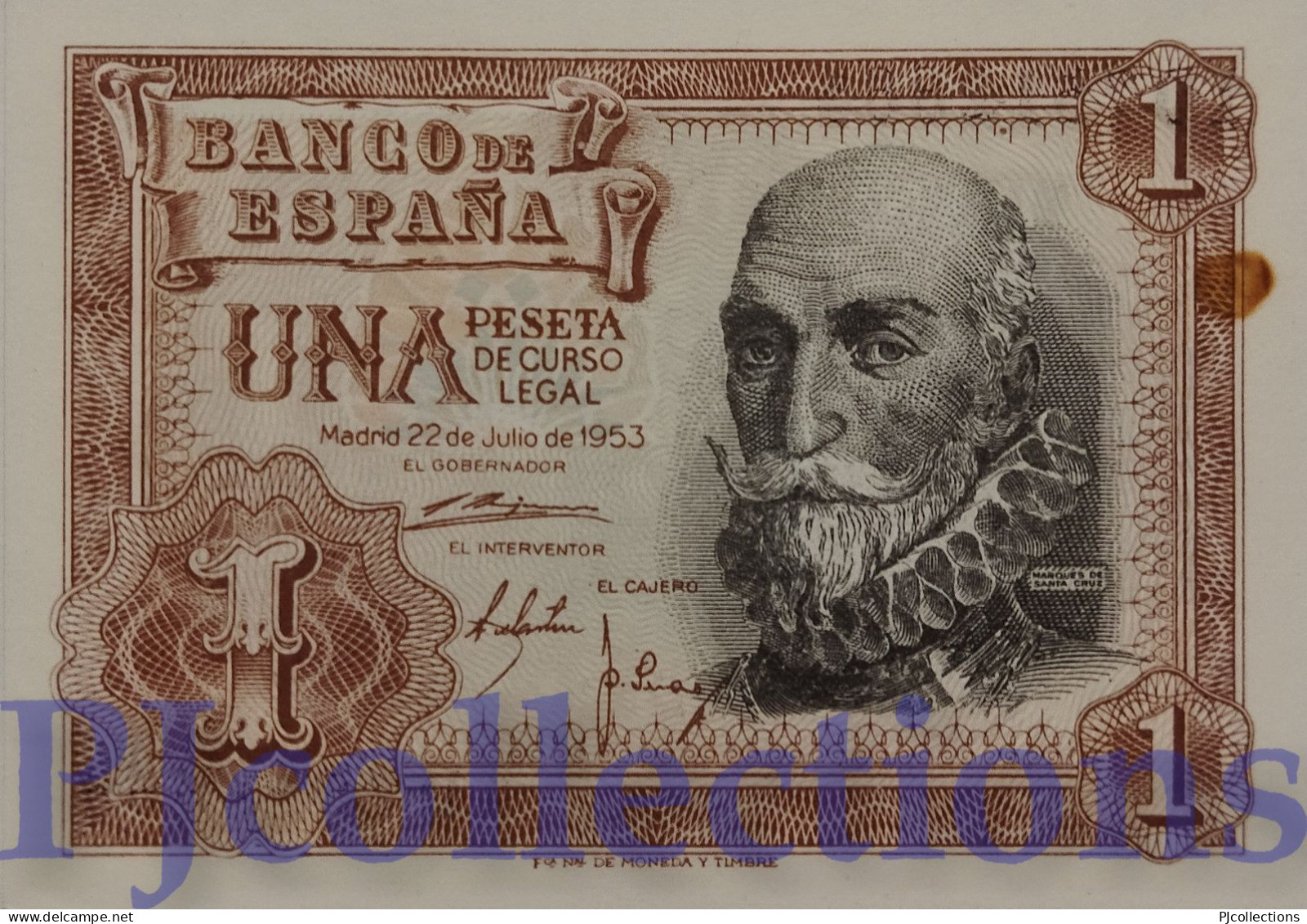 SPAIN 1 PESETA 1953 PICK 144a AU/UNC W/STAIN - 1-2 Peseten