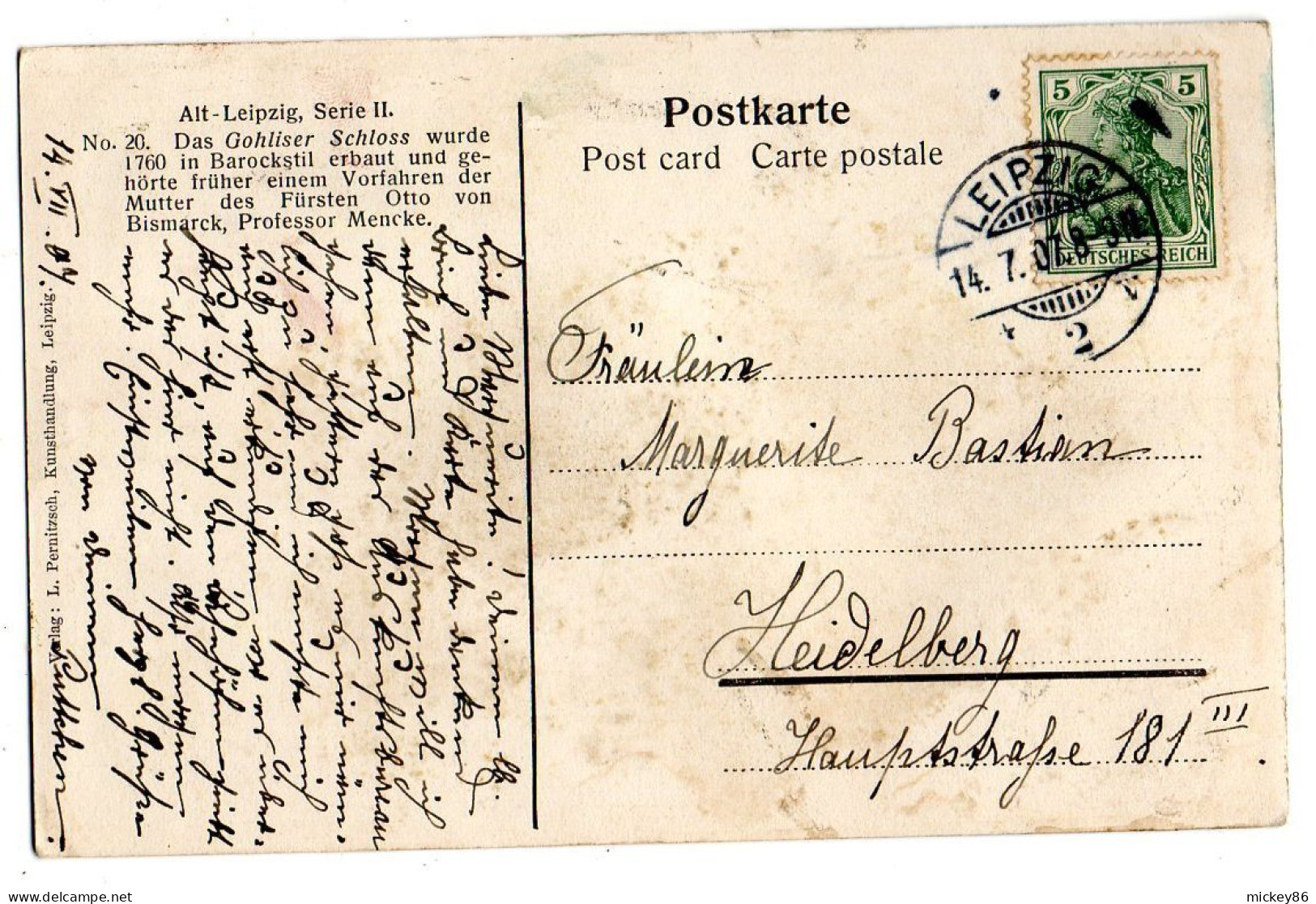 Allemagne--LEIPZIG -1907-- Schloss In Gohlis  ...colorisée ....timbre....cachet - Leipzig