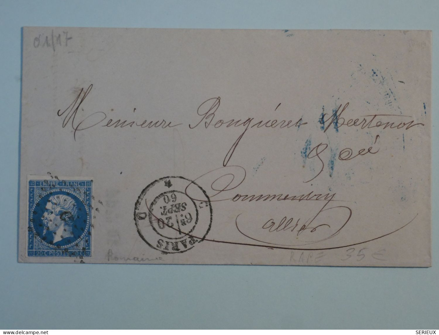 BR10 FRANCE  BELLE  LETTRE 1860  PARIS A  COMMANTRY  + NAPOLEON N° 14 LOS  BATON C +AFF.  PLAISANT++ - 1853-1860 Napoleon III