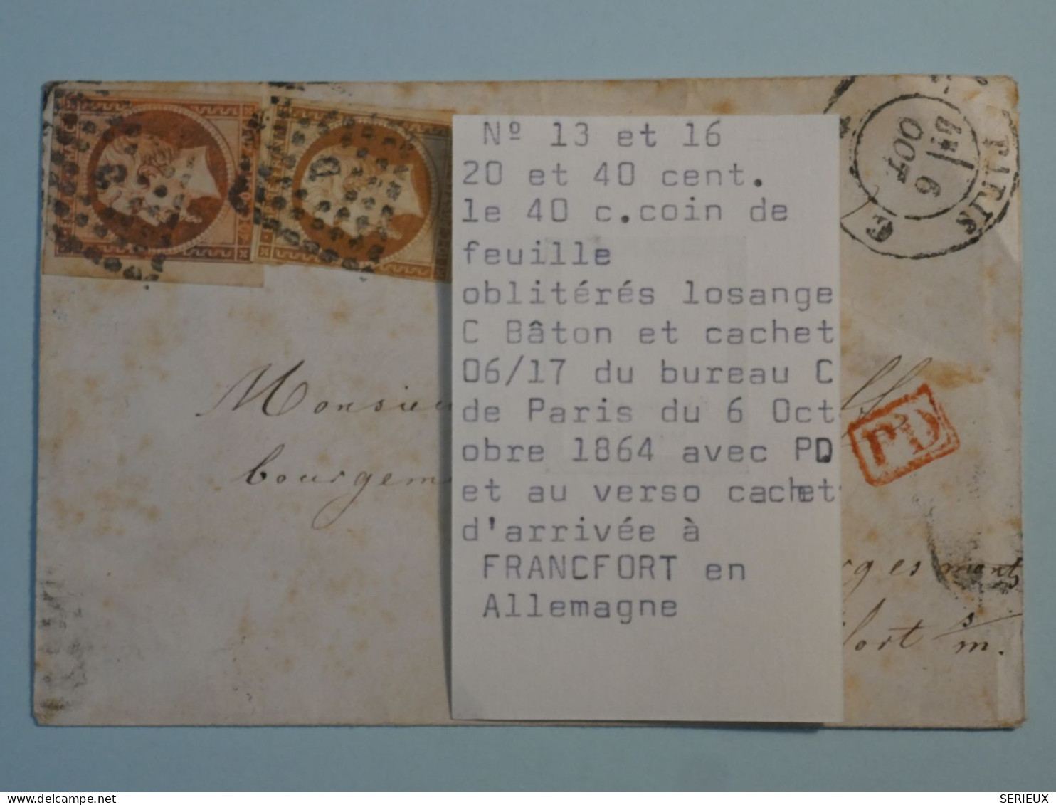 BR10 FRANCE  BELLE  LETTRE  EN PORT 1859  PARIS A   FRANKFORT GERMANY    + NAPOLEON N°16 ET  N° 13 LOS  BATON D +++ - 1853-1860 Napoleon III