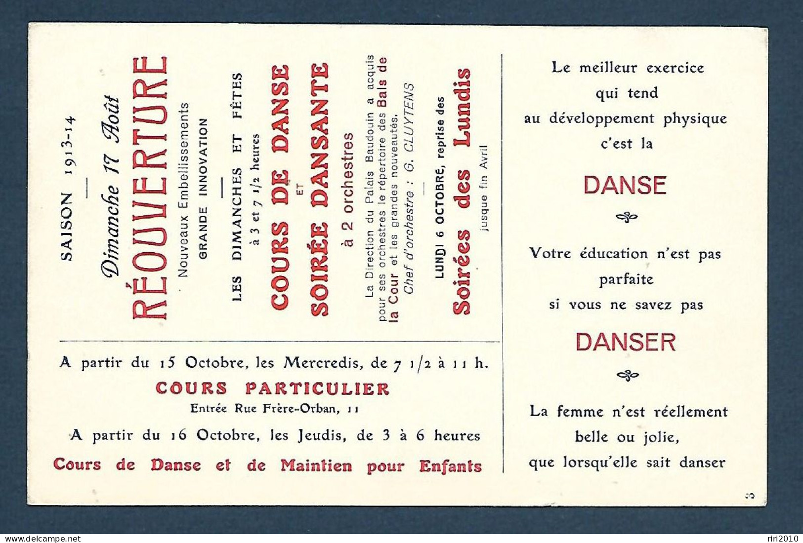 Bruxelles - Palais Baudouin - Cours De Danse , Soirées Dansantes - Réouverture 17 Août 1913 - Feesten En Evenementen