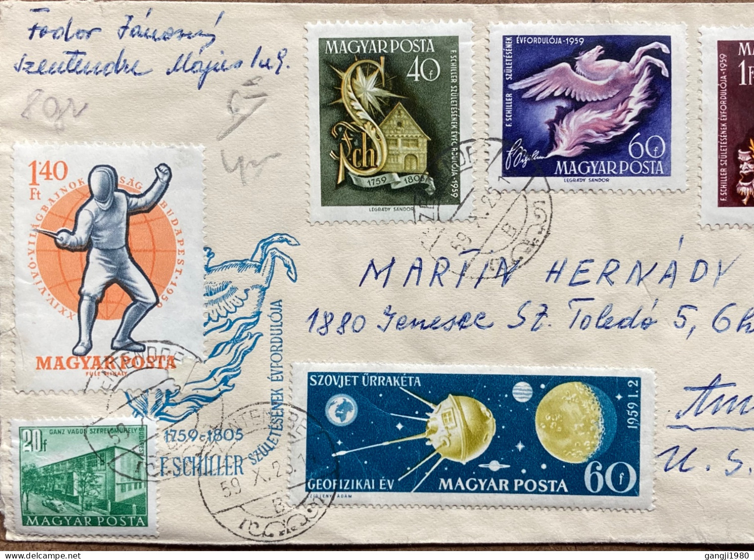 HUNGARY-1959, COVER USED TO USA, SCHILLER POET, INITIALS PORTRAIT & FLYING HORSE, FENCING SPORT, GAME, ROCKET & MODA 6 S - Cartas & Documentos