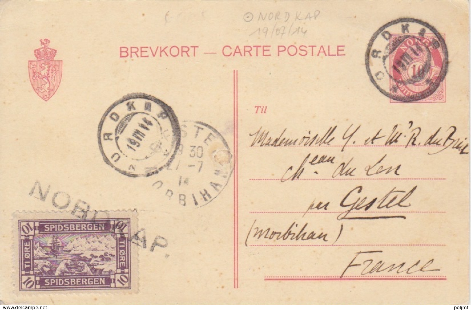 Entier 10 öre Rouge Obl. Nordkap Le 19 VII 14 Pour Gestel + TP Poste Locale Spitzberg 10 öre Violet - Storia Postale