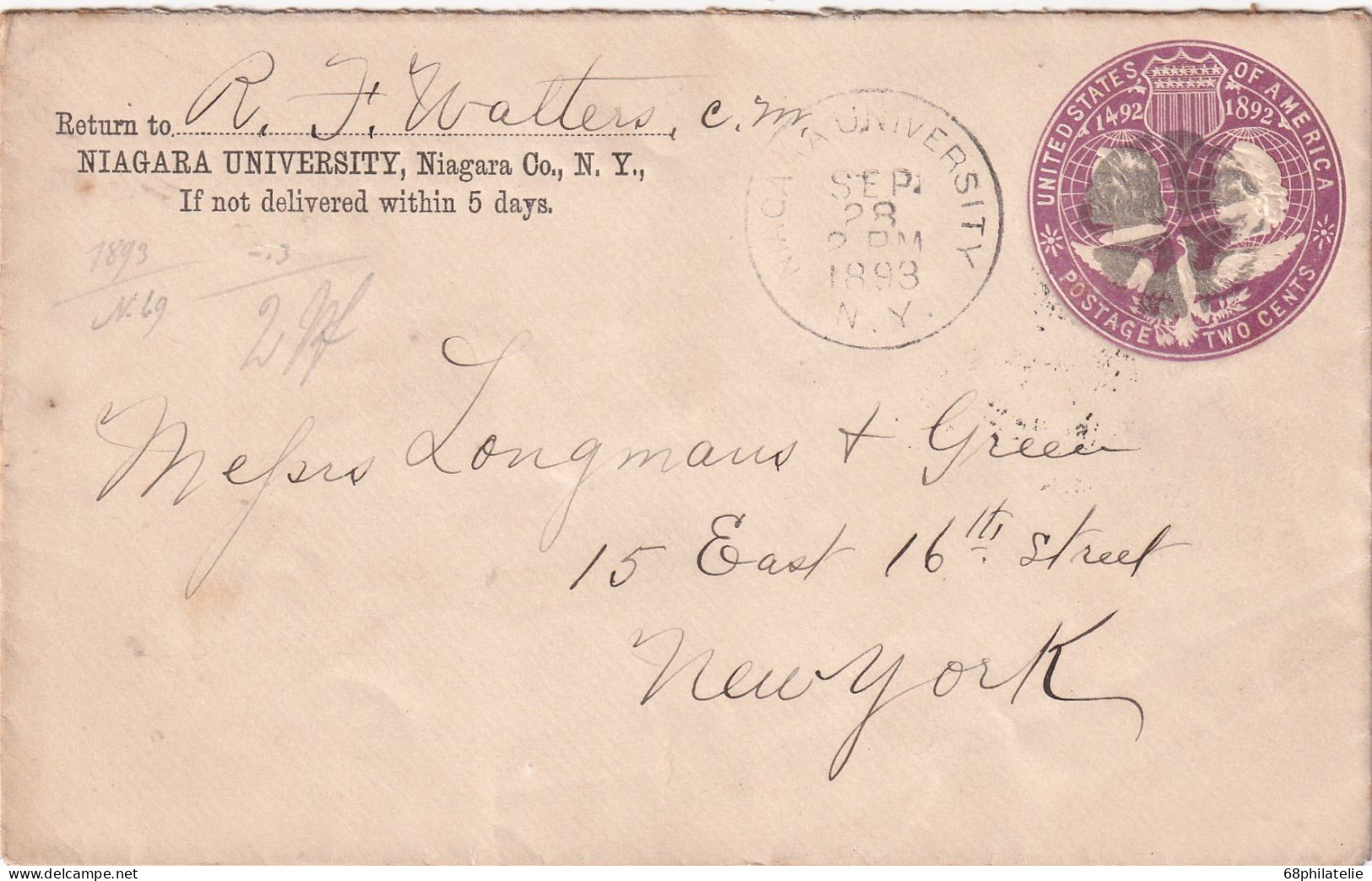 ETATS UNIS ENTIER POSTAL NIAGARA UNIVERSITY 1893 - ...-1900