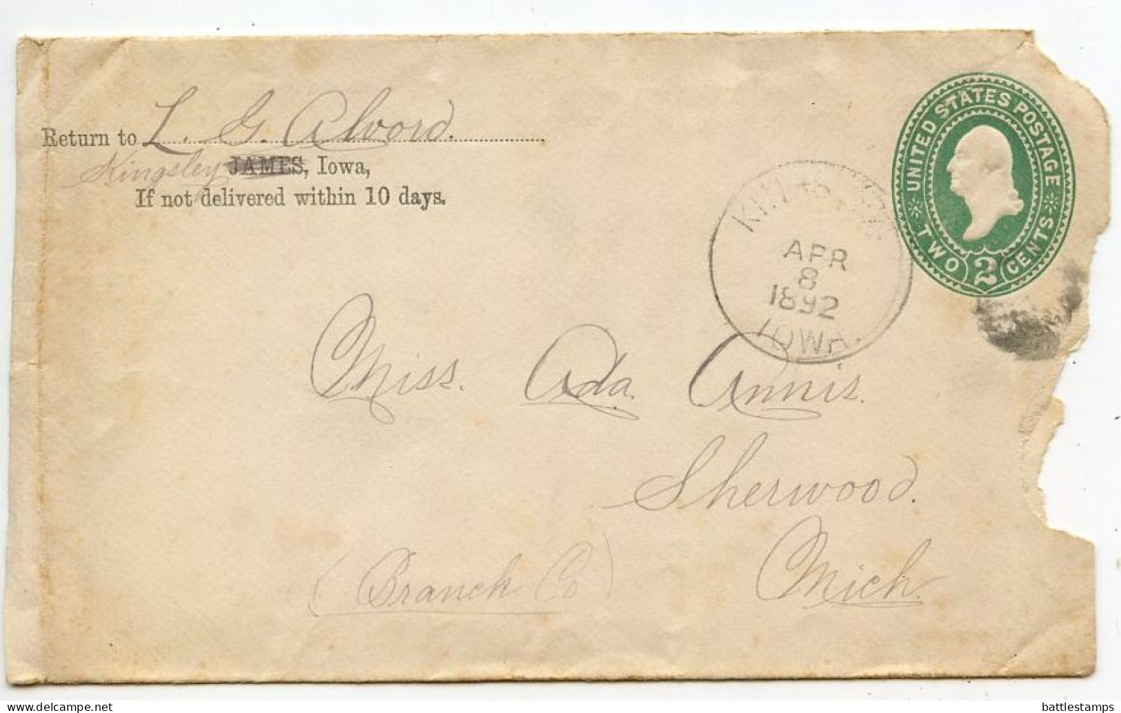 United States 1890's 4 Scott U311 2c Washington Postal Envelopes; Iowa & Michigan To Sherwood & Albion, Michigan - ...-1900
