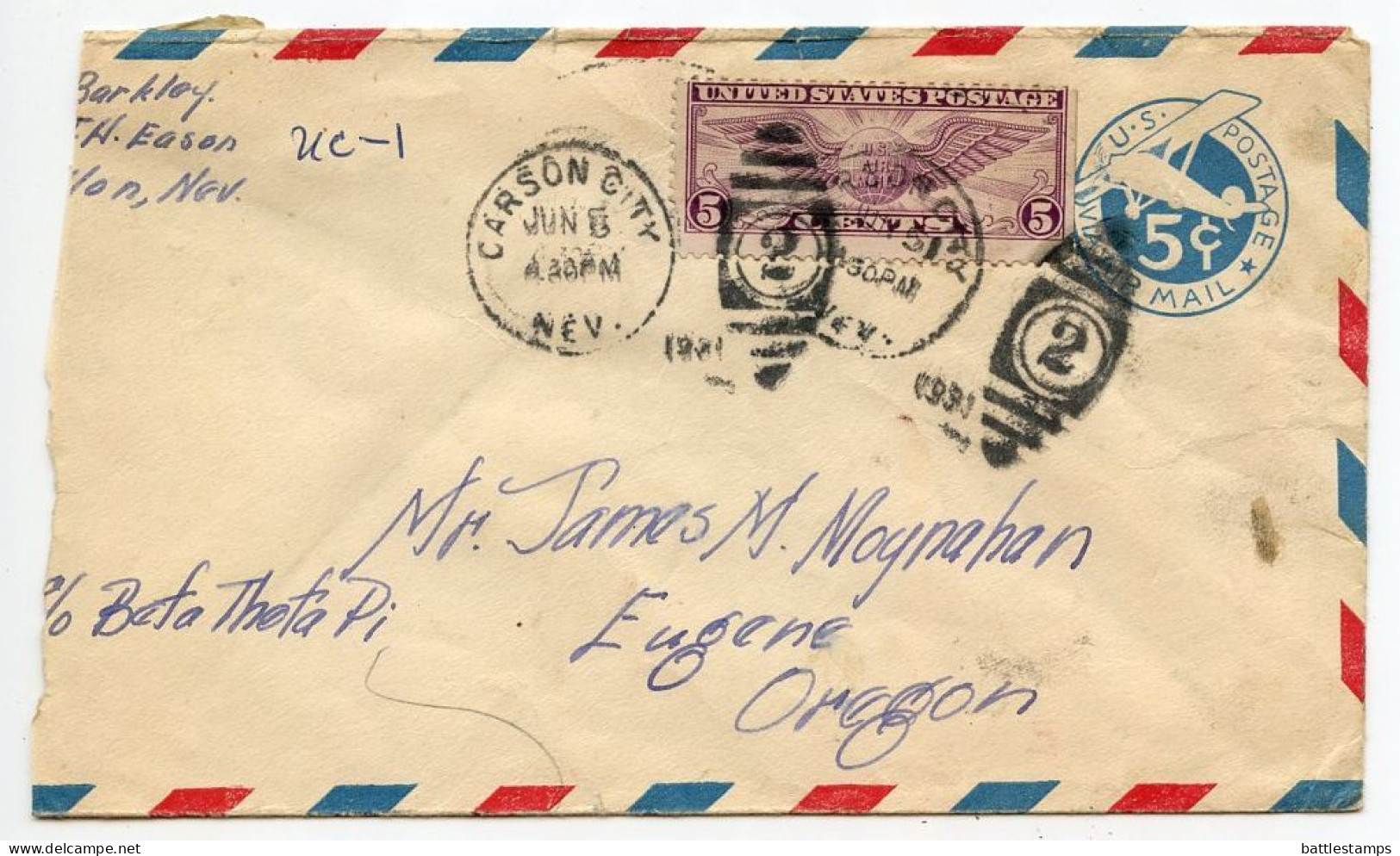 United States 1931 Uprated Scott UC2 5c Air Postal Envelope; Carson City, Nevada To Eugene, Oregon - 1921-40