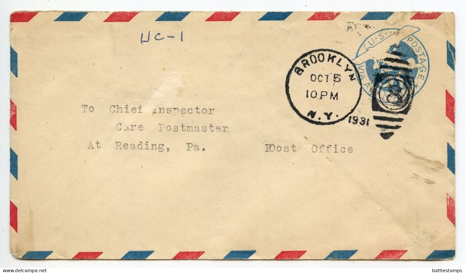 United States 1931 Scott UC1 5c Air Postal Envelope; Brooklyn, New York To Reading, Pennsylvania - 1921-40