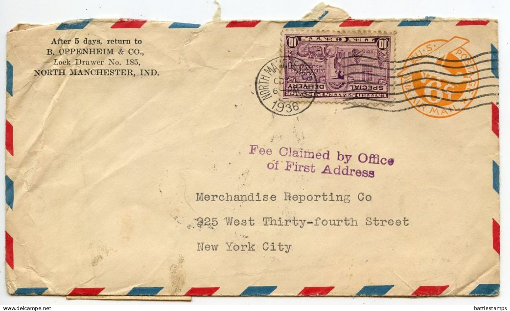 United States 1936 Scott UC3 6c Air Postal Envelope W/ Scott E15a; North Manchester, Indiana To New York City - 1921-40