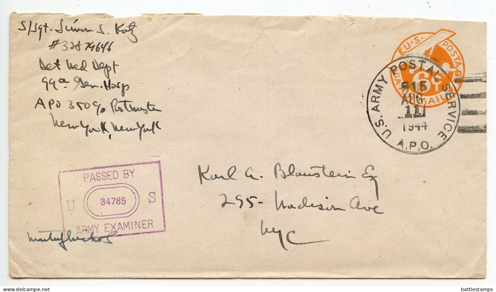 United States 1944 Scott UC4 6c Air Postal Envelope; A.P.O. 515 (Chester, England) To New York City; Censor - 1941-60