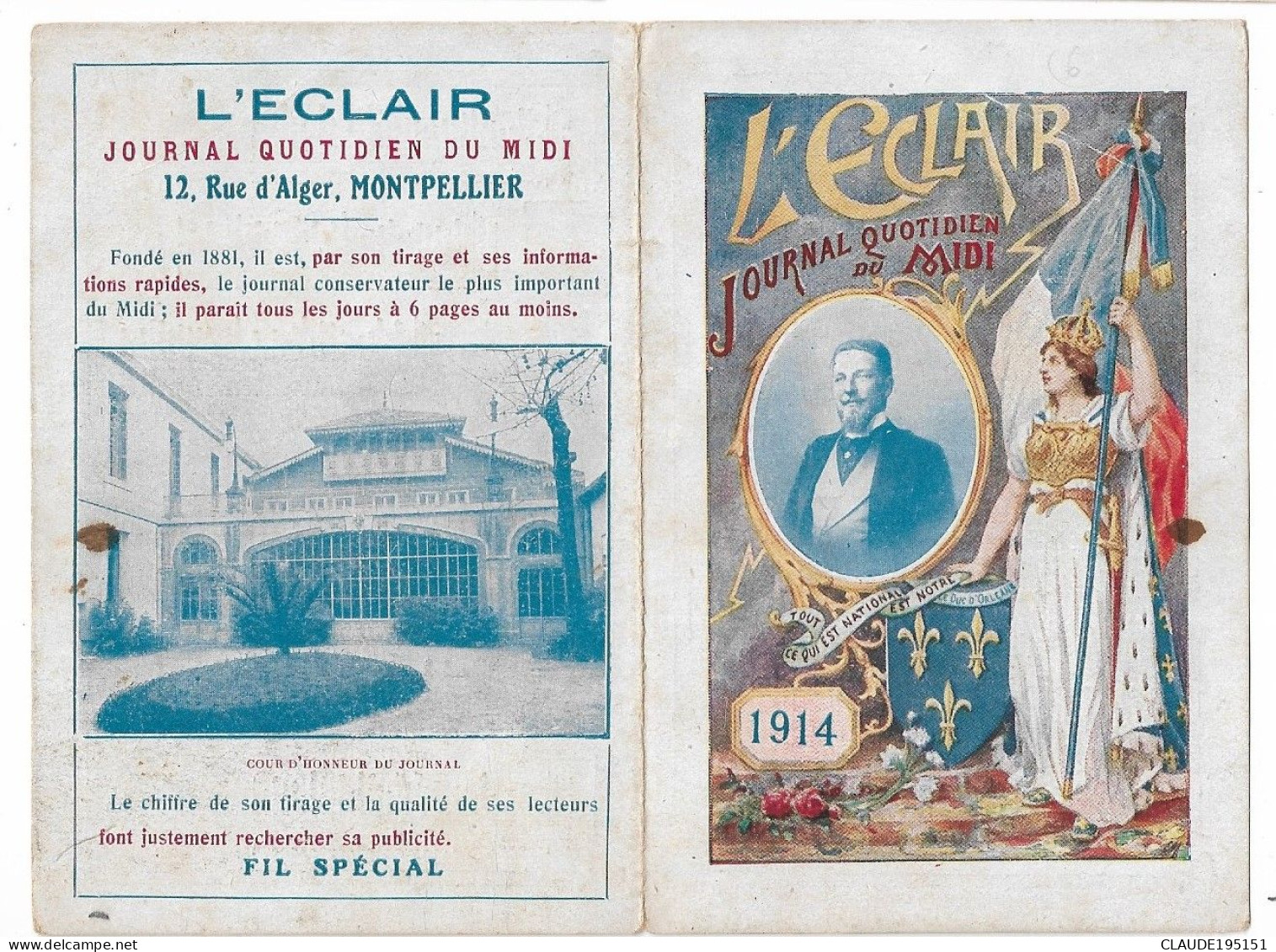 CALENDRIER 1914 L'ECLAIR  JOURNAL QUOTIDIEN DU MIDI - Tamaño Pequeño : 1901-20