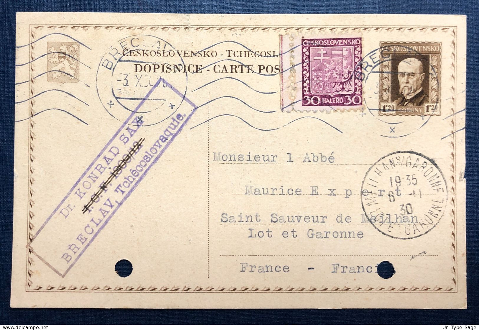 Tchécoslovaquie, Entier-Carte + Complément De BRECLAV 3.11.1930 Pour La France - (N749) - Postkaarten