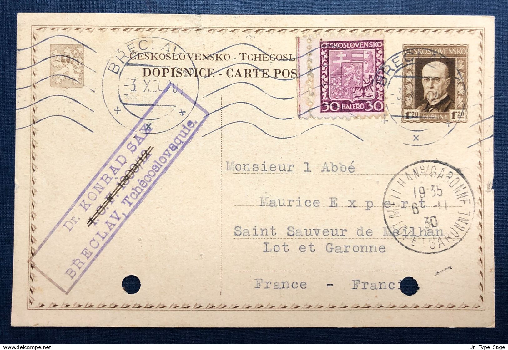 Tchécoslovaquie, Entier-Carte + Complément De BRECLAV 3.11.1930 Pour La France - (N749) - Ansichtskarten