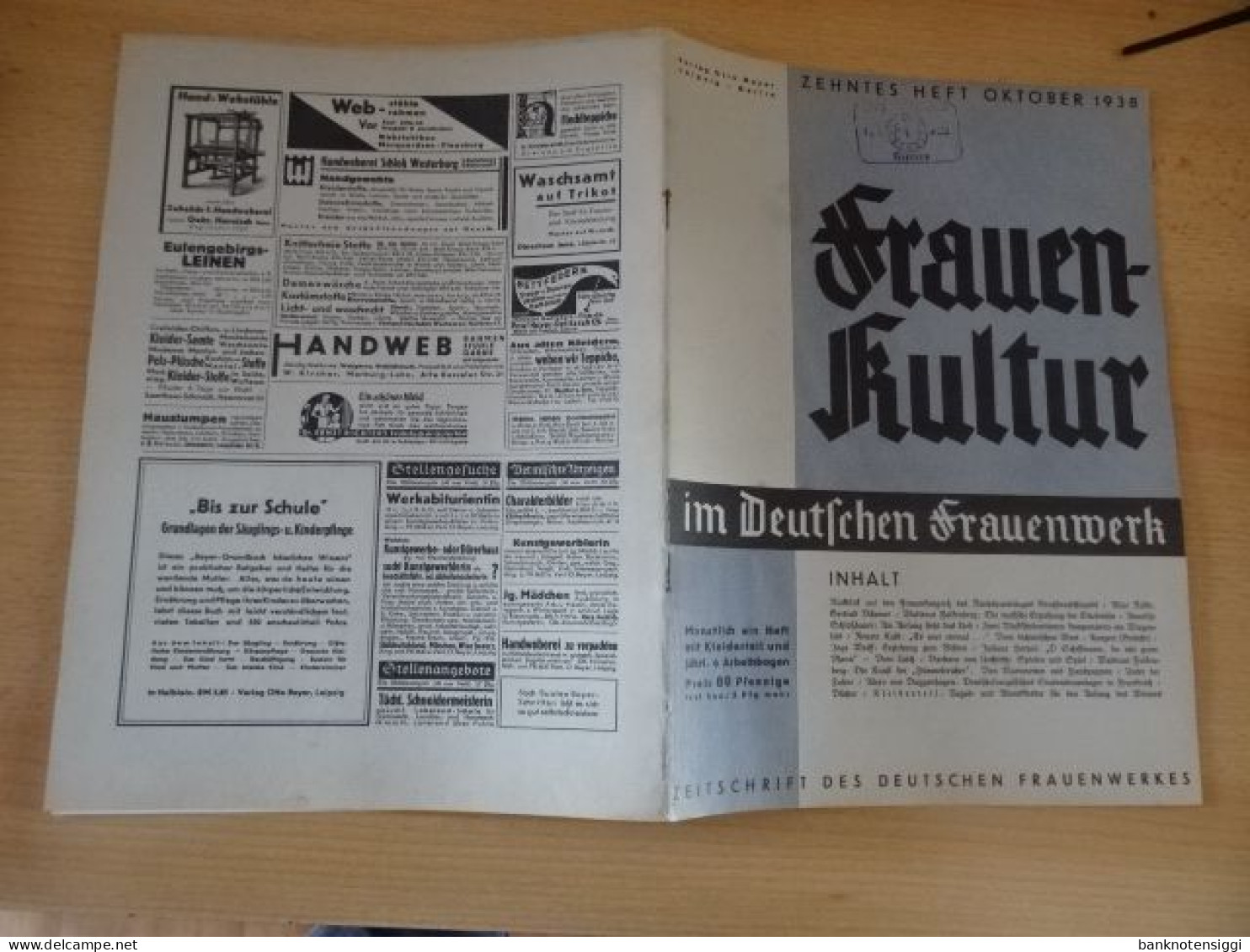 1 Heft Frauenkultur. Zehntes  Heft Oktober 1938 . - Duits