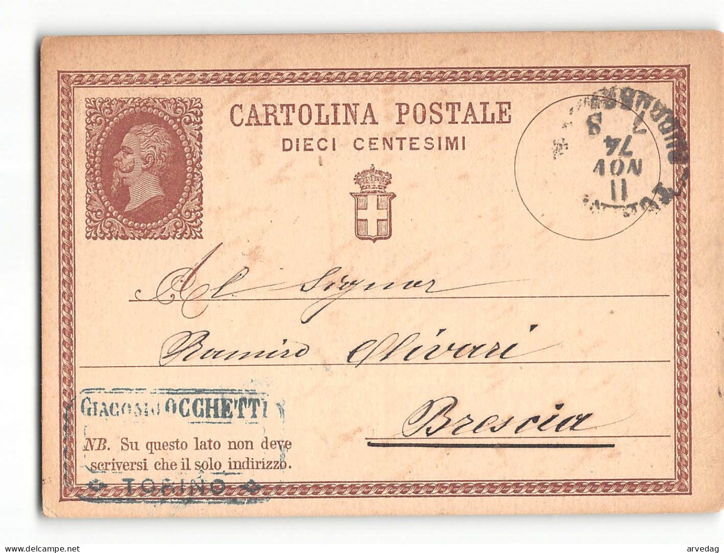 17001 01 CARTOLINA POSTALE 10 CENTESIMI - TORINO OCCHETTI X BRESCIA 1874 - Entiers Postaux