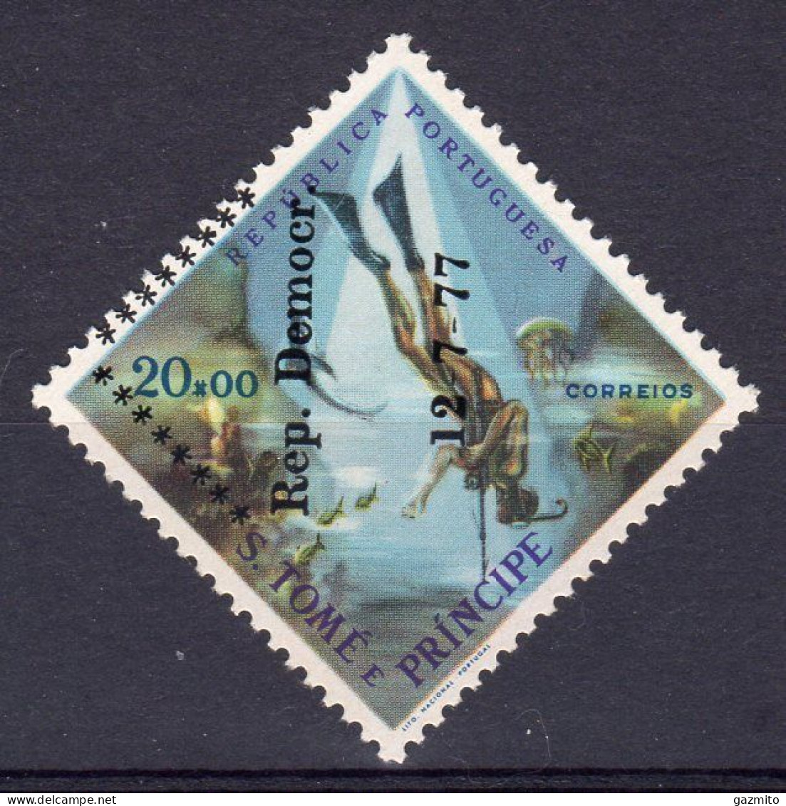 S. Tomè 1977, Marine Life, Diving, Overprinted, 1val IMPERFORATED - Diving