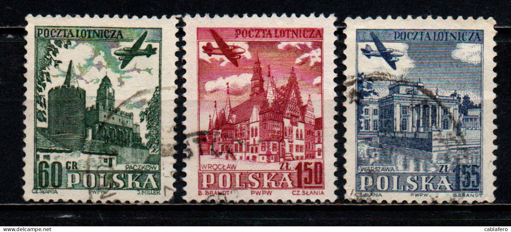 POLONIA - 1954 - SERIE TURISTICA: AEREO CHE SORVOLA CITTA' DELLA POLONIA - USATI - Oblitérés