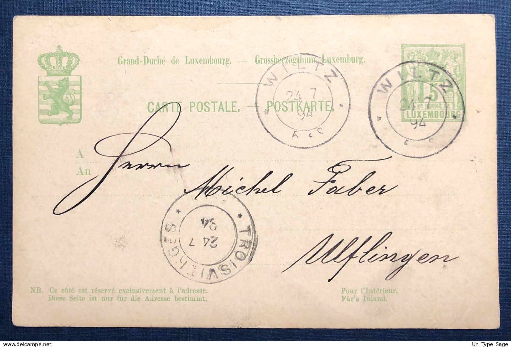 Luxembourg, Entier-Carte TAD WILTZ 24.7.1894 - (N786) - Entiers Postaux