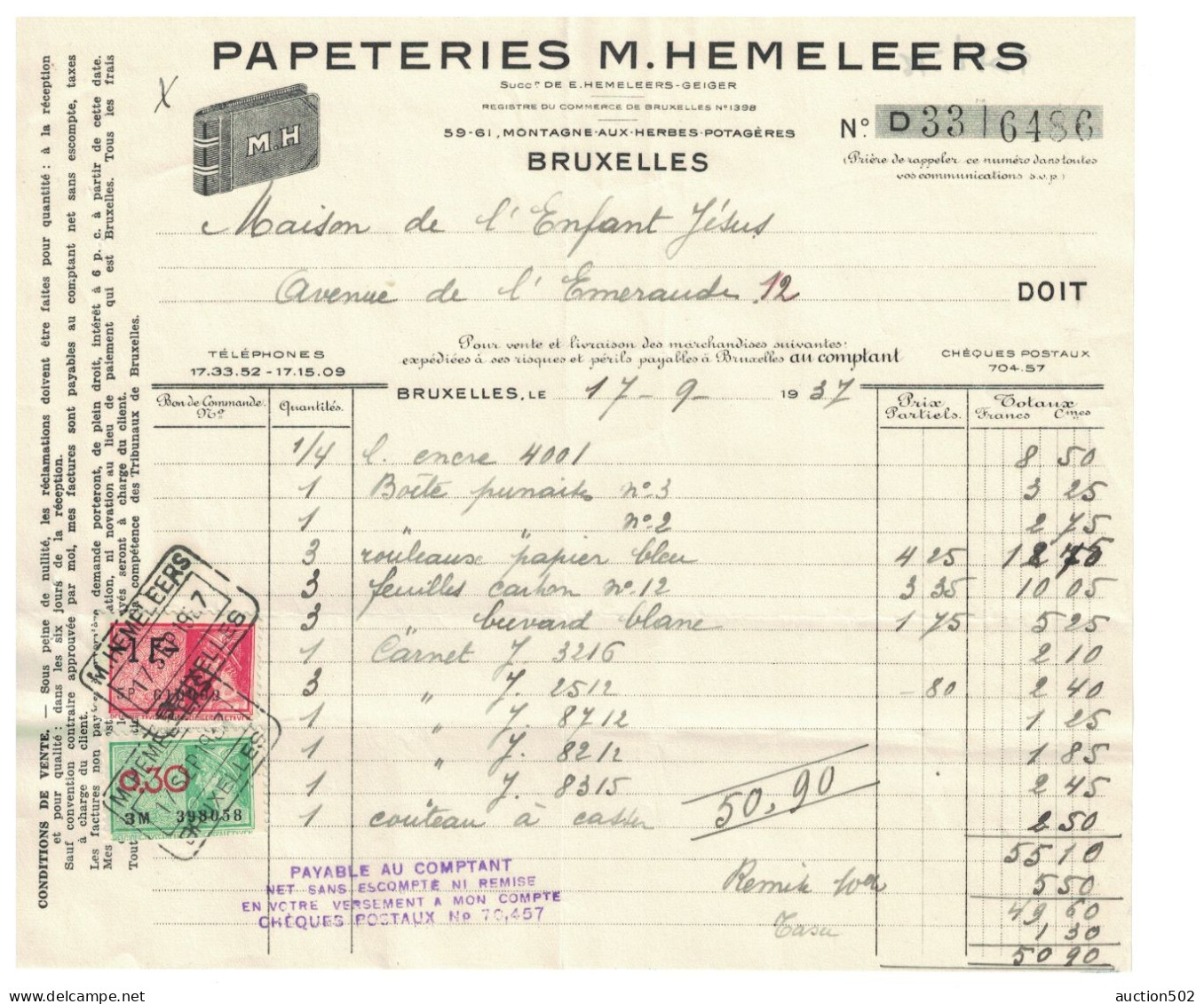 Facture 1937 Bruxelles Papeteries M.Hemeleers  + TP Fiscaux - Imprimerie & Papeterie
