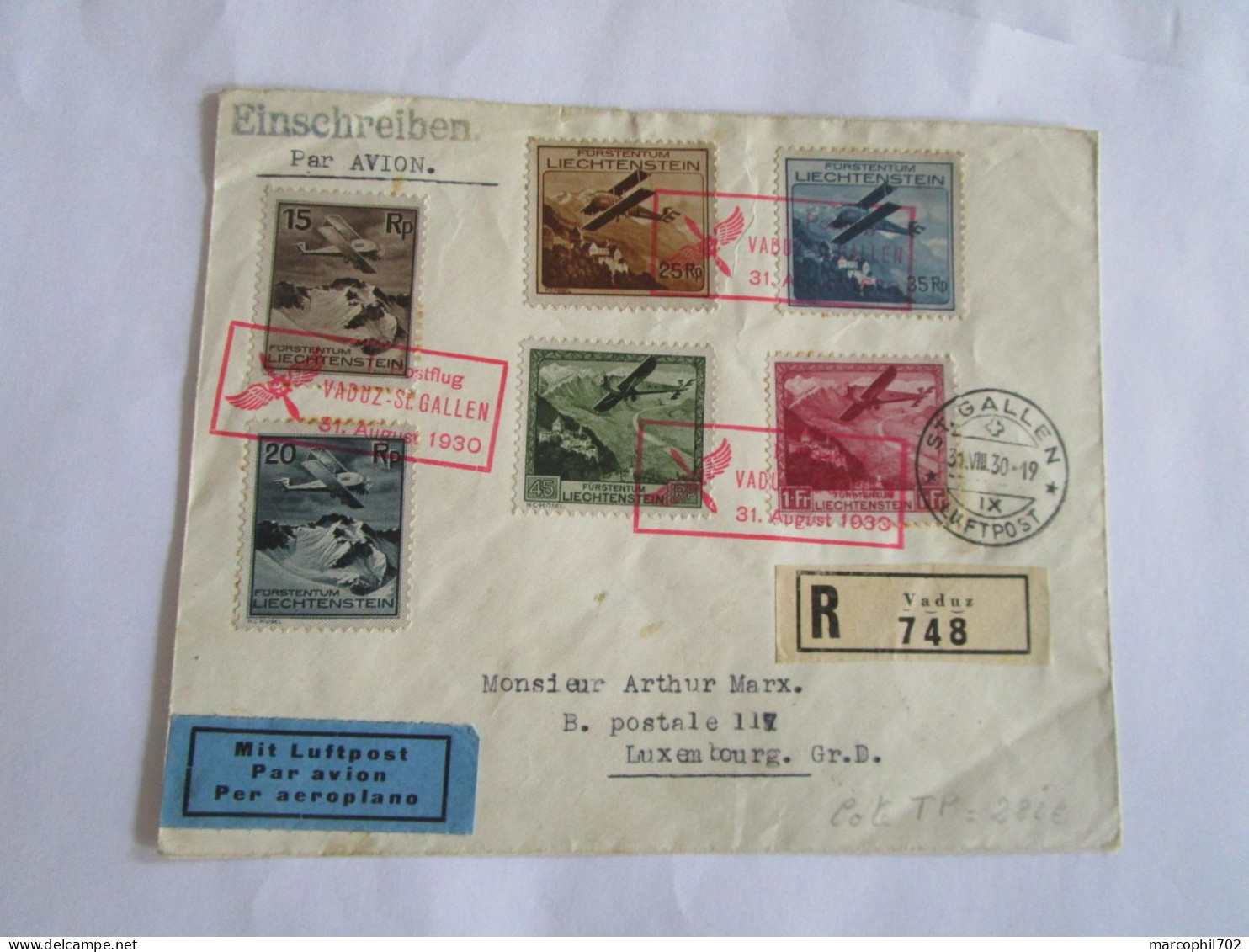 Bette Lettre Recommandée Evsc Du Liechtenstein Pour Le Luxembourg Vol Vaduz St Gallen Serie De Timbres Forte Cote - Air Post