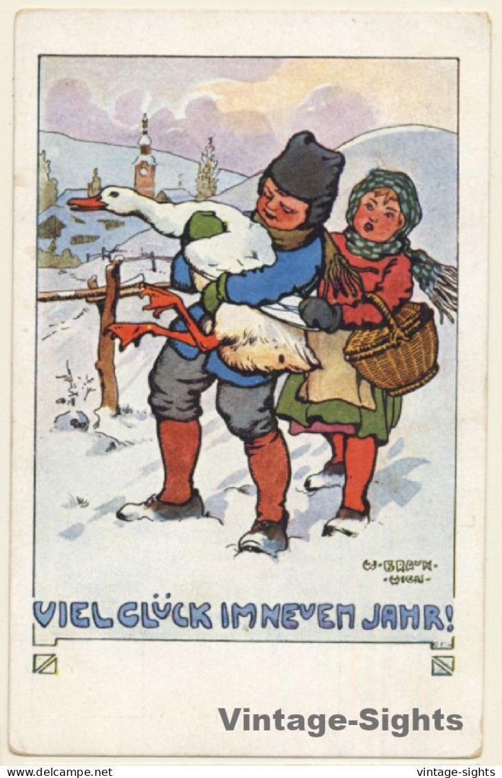 W. Braun / Wien: Boy & Girl Carrying Goose In Snow (Vintage PC 1910s) - Braun, W.