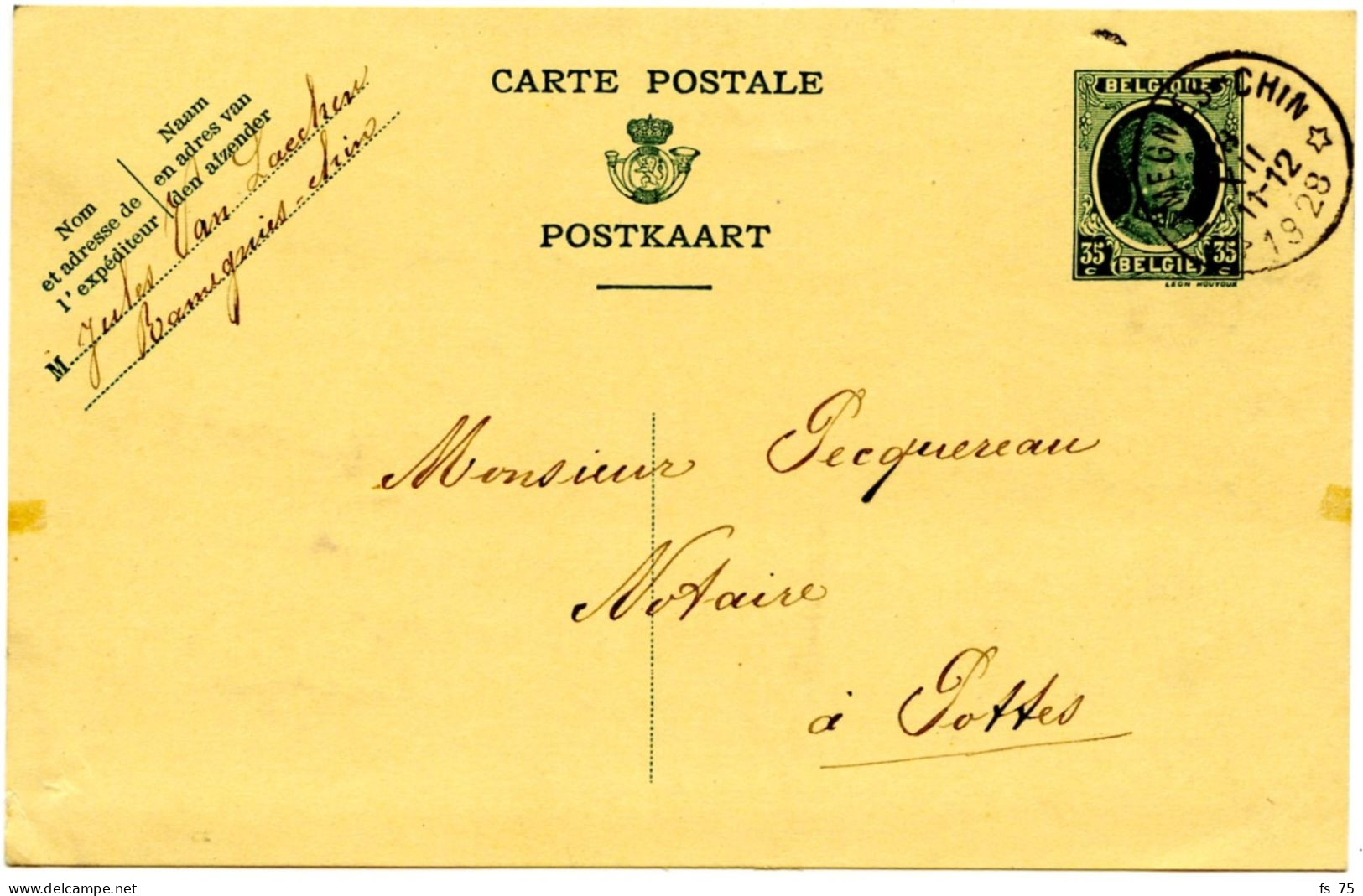 BELGIQUE - SIMPLE CERCLE RELAIS A ETOILES RAMEGNIES-CHIN SUR ENTIER CARTE POSTALE 35C HOUYOUX, 1928 - Cachets à étoiles