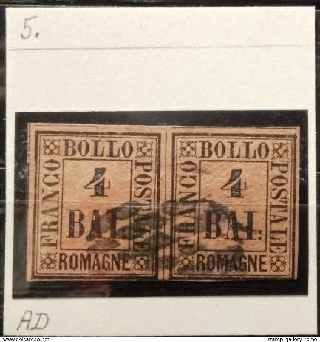 ROMAGNE - SASS 5 - FULVO - COPPIA USATA  4 BAJ -  1859 RARA E  BEN MARGINATA - FIRMA A.D. - Romagna