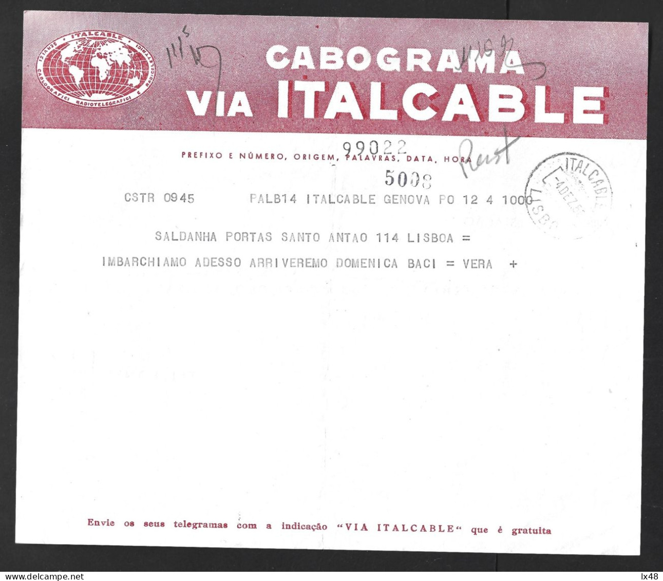 Telegram From Cabograma Via Italcable From Genoa To Lisbon, With Italcable Lisboa Obliterated In 1952. Radiotelegrafici. - Lettres & Documents