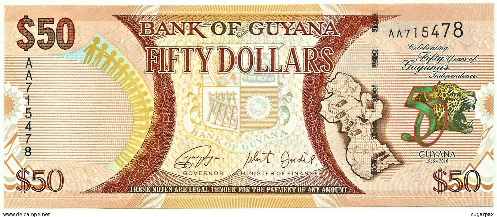 Guyana - 50 Dollars - 2016 - Pick: 41 - Unc. - Commemorative 50th Anniversary Of Independence - Serie AA - Guyana