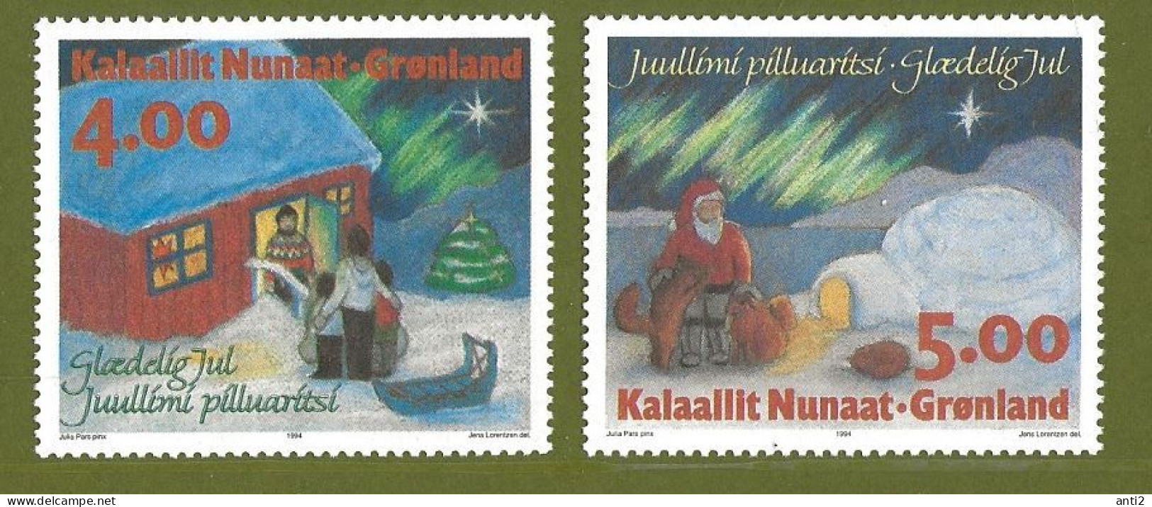 Greenland 1994 Christmas: Christmas Singing, Santa Claus With Dogs Mi 254-255, MNH(**) - Oblitérés