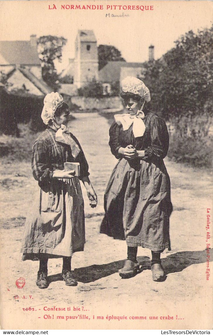 FOLKLORE - Costumes - La Normandie Pittoresque - Deux Paysannes Discutent -  Carte Postale Ancienne - Costumes