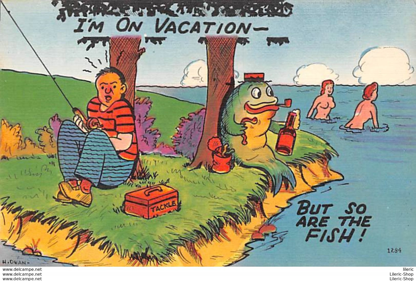 Vintage 1940s  Humor Comic Linen Postcard - Fishing "I'm On Vacation." Fish Looking Nude Young Ladies In Water - Humour