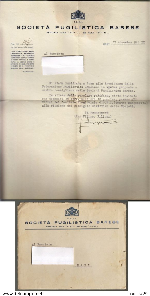 PUGILATO - BOXE - BOXING - BARI - BUSTA + LETTERA DI SERVIZIO DEL 1941 - SOCIETA' PUGILISTICA BARESE (LL) - Autógrafos