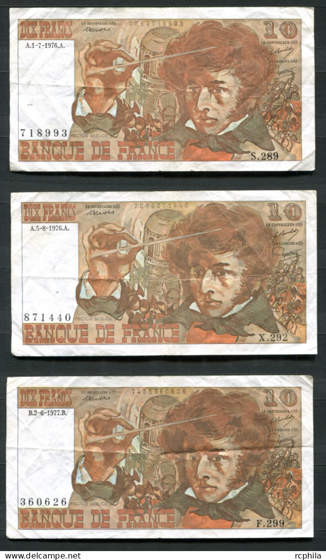 RC 25022 FRANCE 10F BERLIOZ LOT DE 3 BILLETS AVEC DATES DIFFERENTES - 10 F 1972-1978 ''Berlioz''