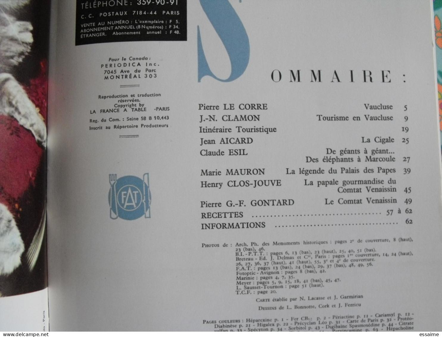 La France à Table N° 146. 1970. Vaucluse. Avignon Orange Vaison Pernes Malaucène Cavaillon Ventoux Lubéron. Gastronomie - Tourisme & Régions