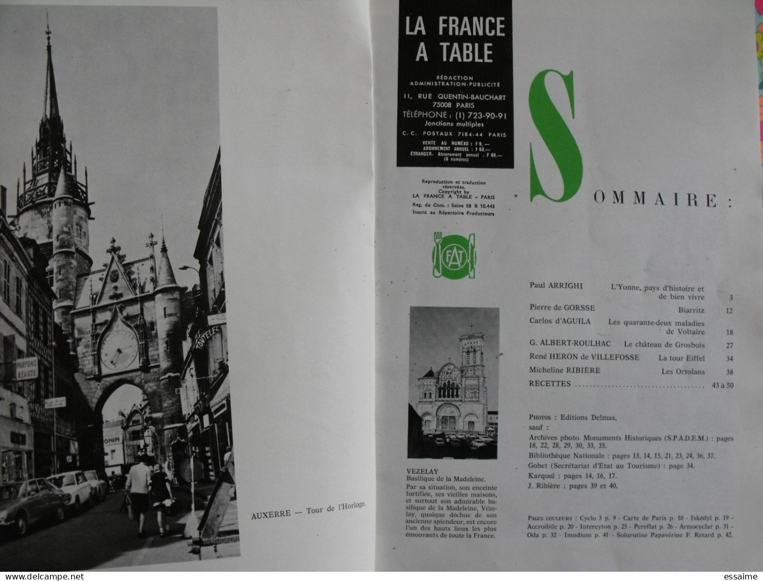 La France à Table N° 6. 1977. Yonne Vézelay Biarritz Grosbois Tour Eiffel Ortolan Auxerre Noyers Sens . Gastronomie - Toerisme En Regio's