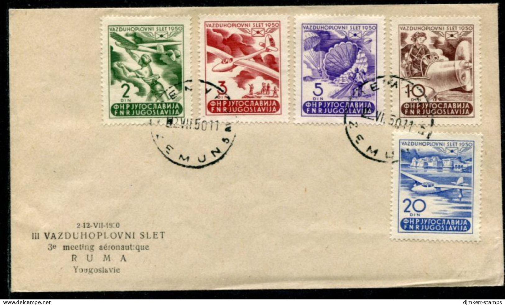 YUGOSLAVIA 1950 Airmail Week, Ruma FDC.  Michel 611-15 - FDC