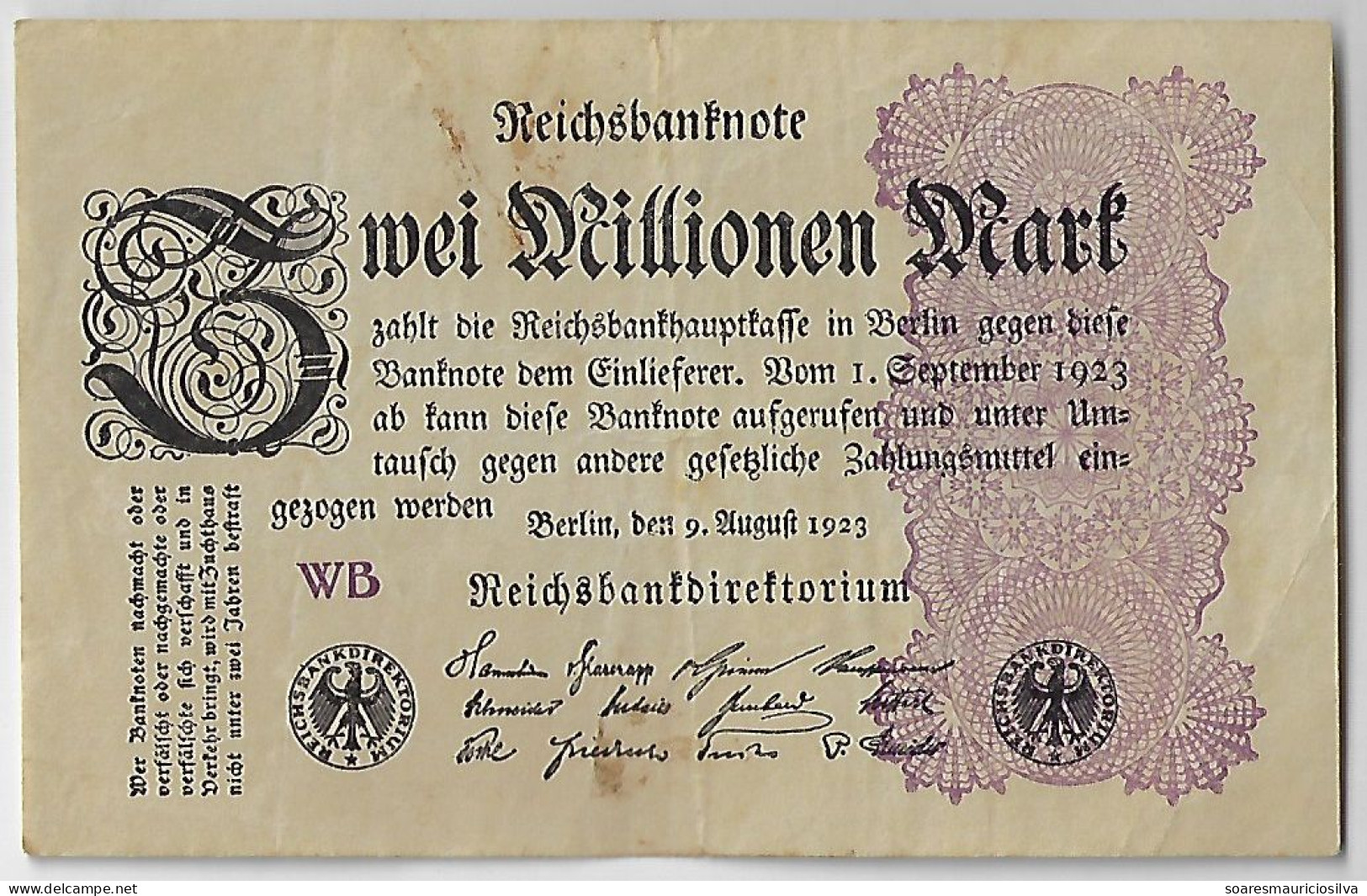 Germany Banknote 2,000,000 Mark 1923 Pick-103 Uniface VF (catalog US$10) - 2 Miljoen Mark