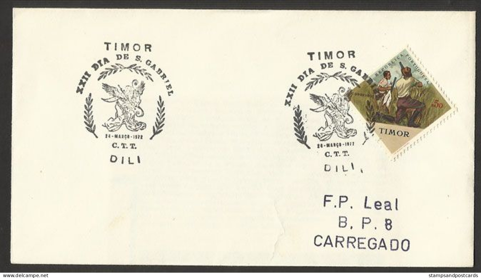 Timor Oriental Portugal Cachet Commémoratif Saint-Gabriel Télécommunications 1972 East Timor Event Pmk Telecom - Oost-Timor