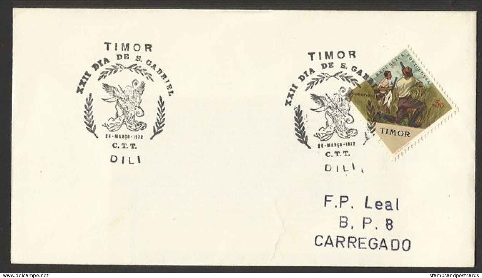 Timor Oriental Portugal Cachet Commémoratif Saint-Gabriel Télécommunications 1972 East Timor Event Pmk Telecom - Osttimor