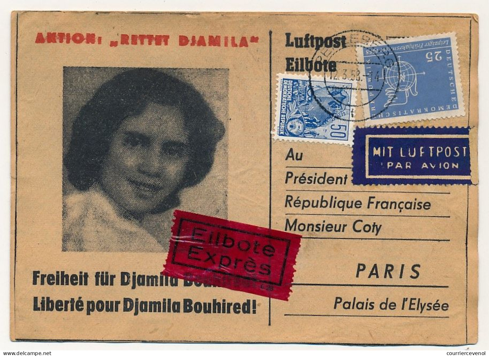 Carte Pétition Pour La Libération De Djamila Bouhired - 1958 - DDR => Président Coty (Guerre D'Algérie) - War Of Algeria