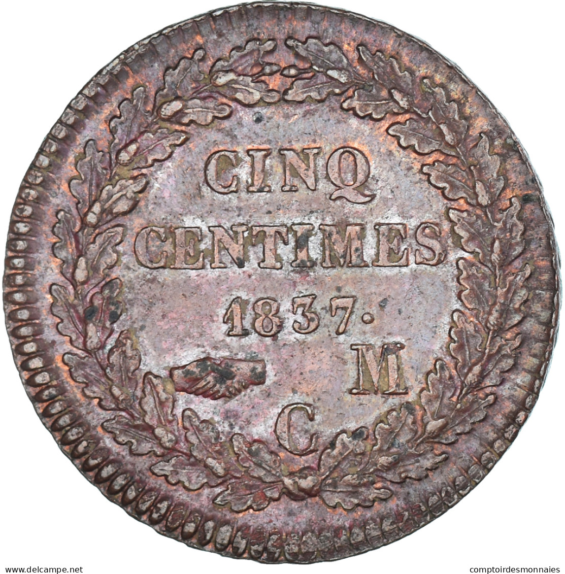 Monnaie, Monaco, Honore V, 5 Centimes, 1837, Monaco, TTB, Cuivre, Gadoury:MC102 - 1819-1922 Onorato V, Carlo III, Alberto I